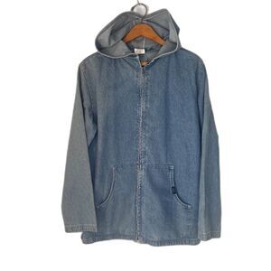 Chic Denim Jacket Hooded Soft Full Zip 100% Cotton Casual Cool Retro Y2K Size LG
